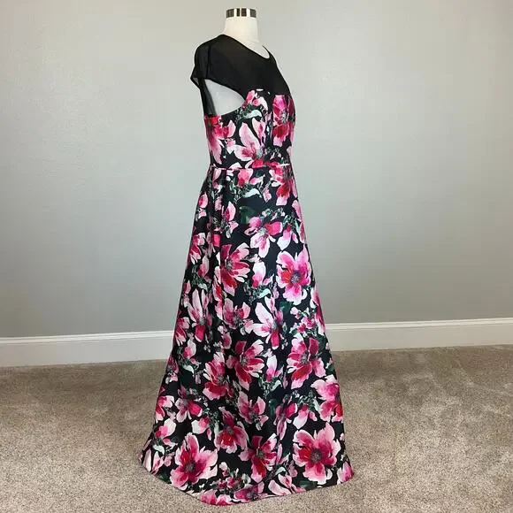 Adrianna Papell Floral Print A-Line Evening Gown Black and Pink Size 8 Dress - Picture 3 of 10